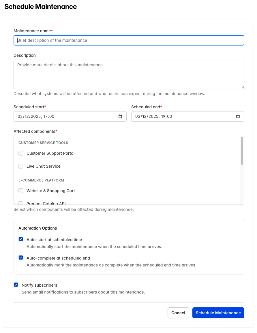 Schedule Maintenance Form